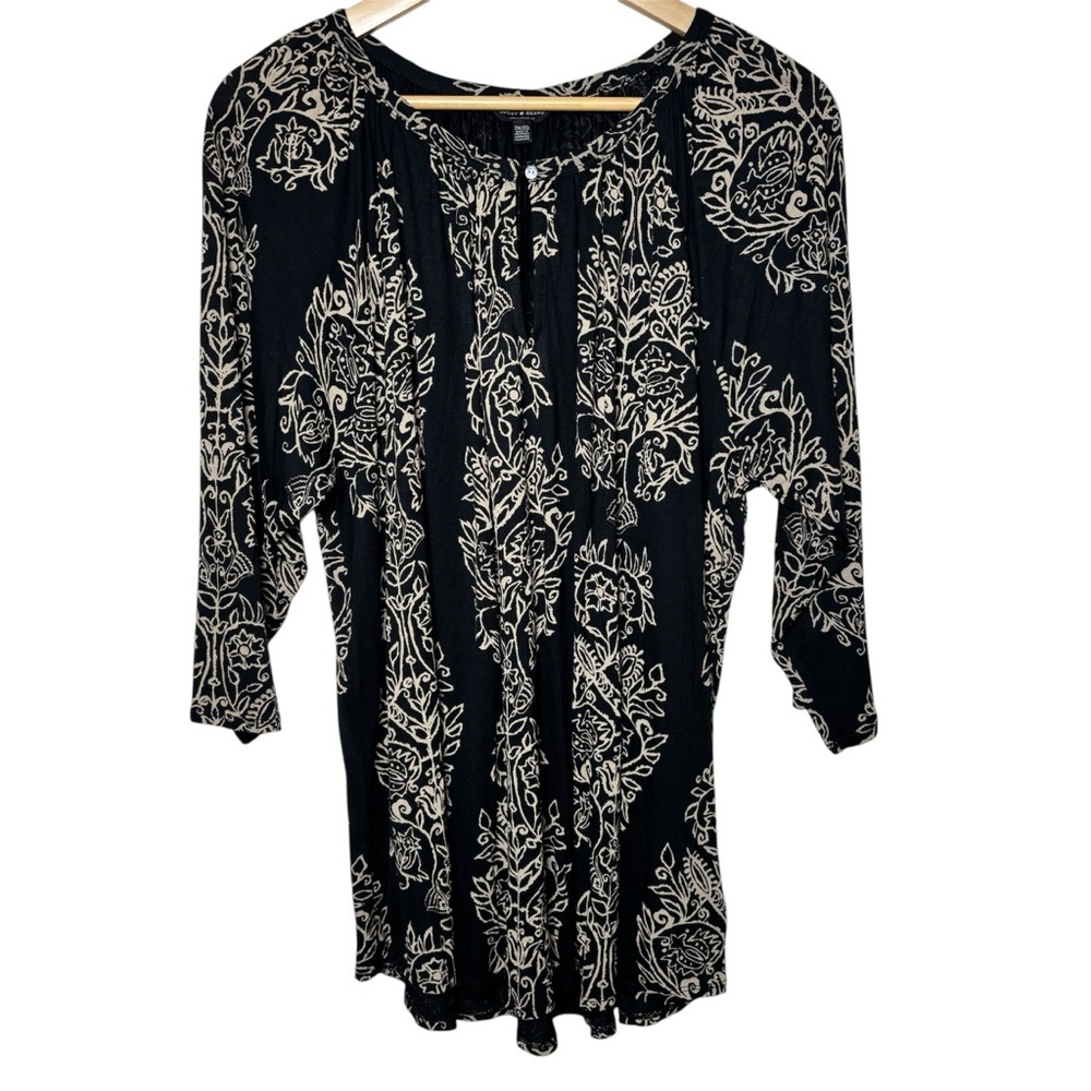 Lucky Brand Top Size 2X Black Boho Paisley Floral Tunic 3/4 Sleeve Cottagecore